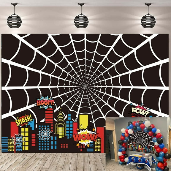Black Spider Web Backdrop 7x5FT Cartoon City Super Heros Cityscape Photography Background Boys Birthday Party Cake Table Decorations Photo Props