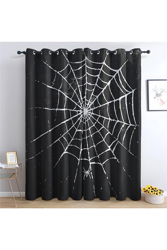 Black Spider Web Curtains - Spider Web Curtains for Bedroom Living Room, Black and White Blackout Curtains & Home Decor, Halloween Window Curtains & Drapes-38"W x 45"L (Pack of 2)