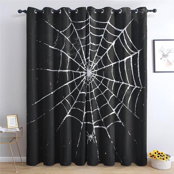 Black Spider Web Curtains - Spider Web Curtains For Bedroom Living Room, Black And White Blackout Curtains & Home Decor, Halloween Window Curtains & Drapes 42"W x 84"L (Pack of 2)