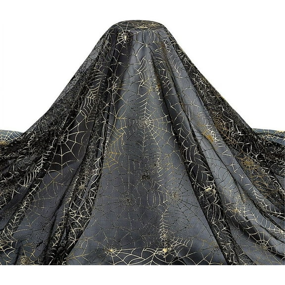 Black Spider Web Fabric 39.4x59 inch Gold Black Spiderweb Net Fabric Crafts Costume Veil Hat Dressmaking Stretch Fabric for Party Decoration Making DIY