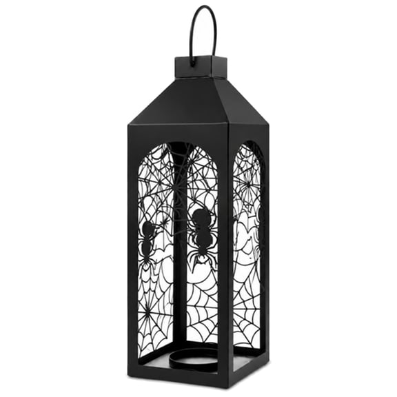 Black Spider Web Halloween Lantern Candle Holder, Cutout Tabletop Lantern with Hanging Loop for IndoorOutdoor Porch Mantel Party Decor