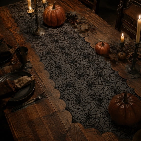 Black Spider Web Lace Table Runner, Knitted Hollow Halloween Tablecloth Scarf for Dining Fireplace Mantel Decor