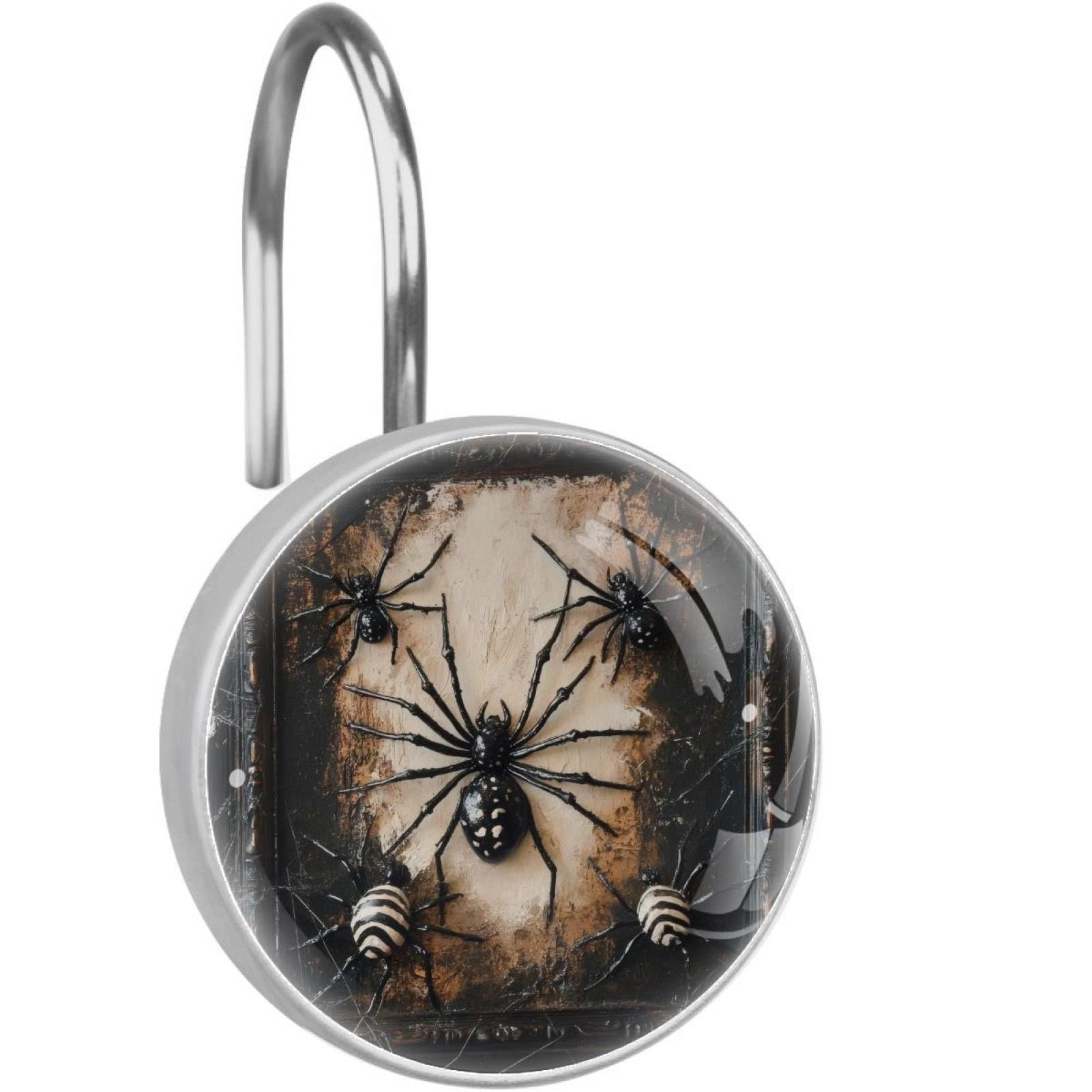 Black Spider and Web Shower Curtain Hooks Round Crystal Glass, Set of 12 Shower Curtain Rings - Shower Hooks for Curtain Shower Rings