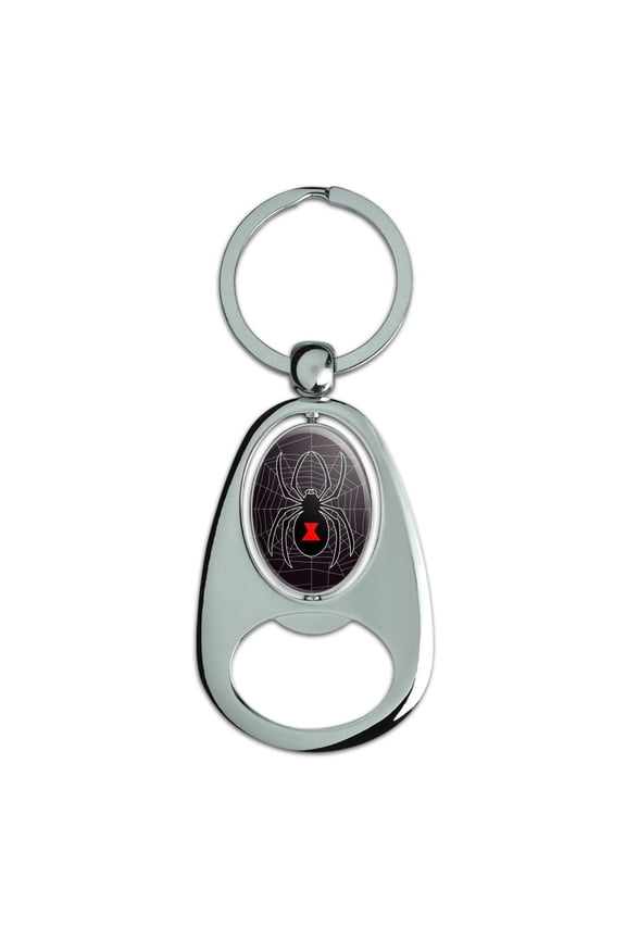 Black Spider on Web Keychain Chrome Metal Spinning Oval Bottle Opener