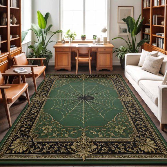 Black Spiders 5'x8' Rug for Bedroom Under Queen Bed Placement, Vintage Green Web Insects Laurel Border Antique Gold Washable Non Slip Large Rectangle Area Rug for Living Room