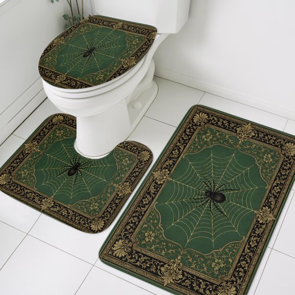 Black Spiders Bathroom Rugs Set Vintage Green Web Insects Laurel Border Antique Gold Non Slip Absorbent Soft Bath Mats 3 Piece Set with Bathroom Rug, U-Shaped Floor Mat, Toilet Seat Cover Small Size