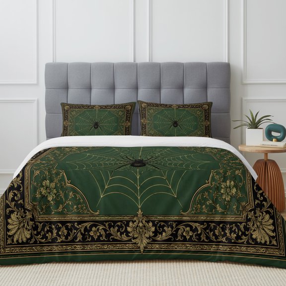Black Spiders Duvet Cover Set Queen Size, Vintage Green Web Insects Laurel Border Antique Gold 4 Piece Soft Microfiber Bedding Set with Zipper Closure, 1 Comforter Cover, 1 Flat Sheet, 2 Pillowcases