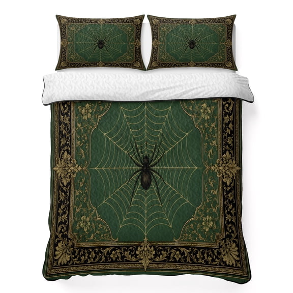 Black Spiders Queen Quilt Bedding Set, Vintage Green Web Insects Laurel Border Antique Gold Lightweight Comforter with 2 Pillow Shams Bedroom Bedspread Set Home Decor for All Seasons
