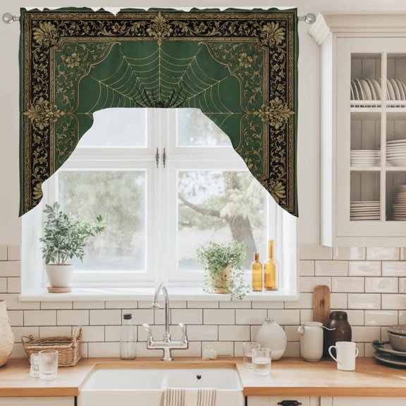 Black Spiders Swag Curtain Valance for Windows, Vintage Green Web Insects Laurel Border Antique Gold Swag Curtains Drapes Rod Pocket for Kitchen Bathroom Small Window, 1 Panel 56x36in