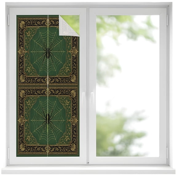 Black Spiders Window Privacy Film Vintage Green Web Insects Laurel Border Antique Gold Decorative Glass Window Film UV Blocking Static Cling Sticker Covering for Home Door 17.7 x 39.3 inches