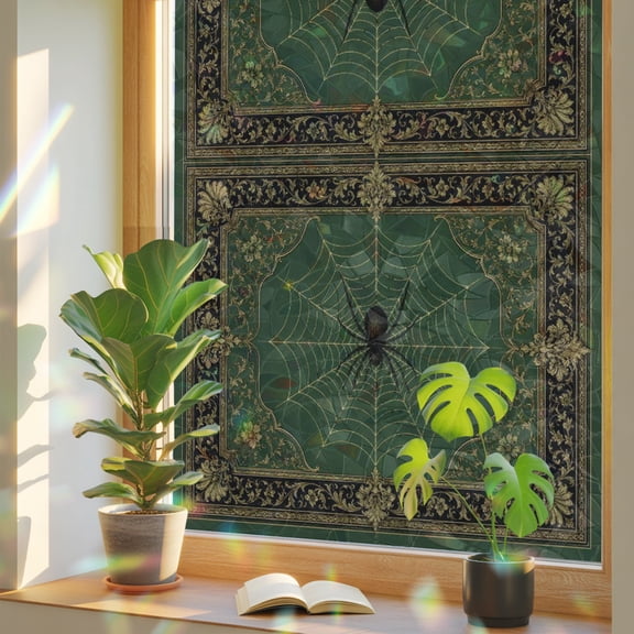 Black Spiders Window Privacy Film, Vintage Green Web Insects Laurel Border Antique Gold Stained Glass Rainbow Film Decorative Window Clings, Static Cling Sun Blocking Stickers 17.7" x 39.3"