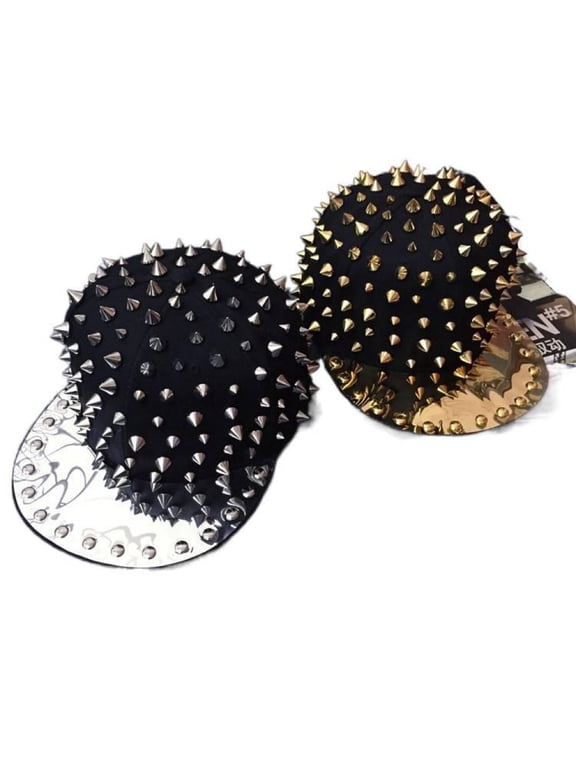 Black Spiked Baseball Cap, Studded Snapback Hat with Gold and Silver Spikes, Punk Rock Style