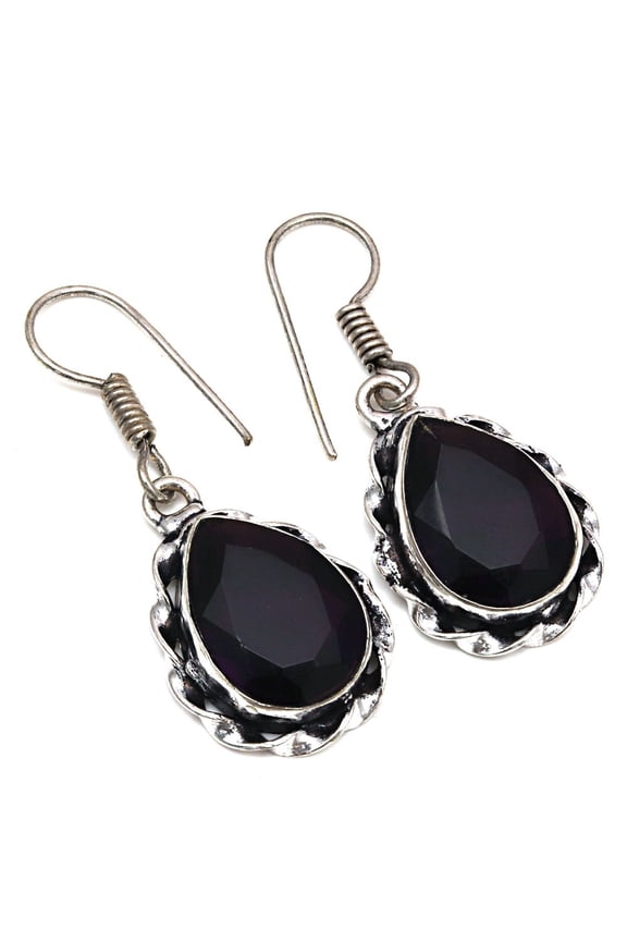 Black Spinal Gemstone Handmade Gift For Her Silver Jewelry Earrings 1.5"