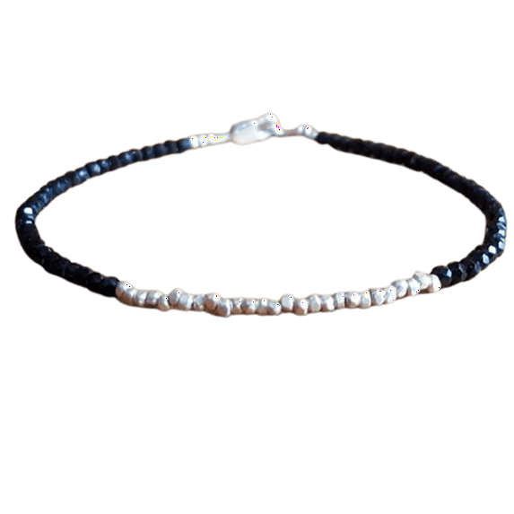 Black Spinel 2.5-3mm Rondelle Shape Faceted Cut Beads 7 inch Silver Plated Clasp Bracelet for men, women, unisex. Link Chain Stacking Bracelet.|LINK_01142