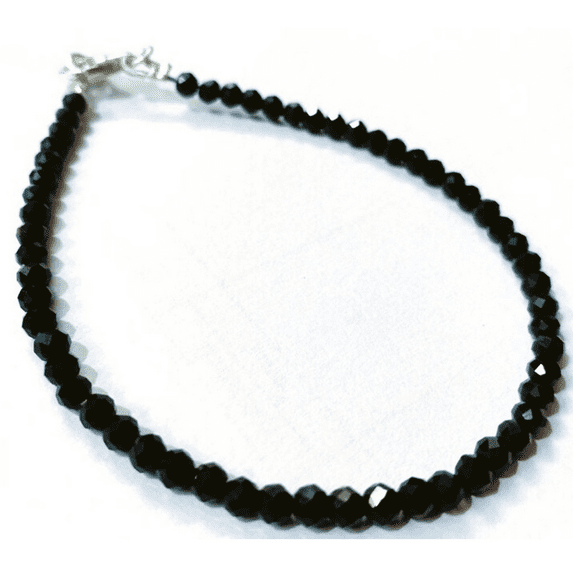 Black Spinel 4mm Round Shape Faceted Cut Beads 7 inch Silver Plated Clasp Bracelet for men, women, unisex. Link Chain Stacking Bracelet.|LINK_01278
