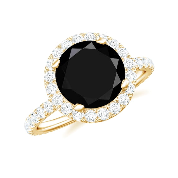 Rosec Jewels Black Spinel Classic Ring with Diamond Halo (8mm Round, AAA Quality, August Birthstone), 18K Yellow Gold, US 9.00