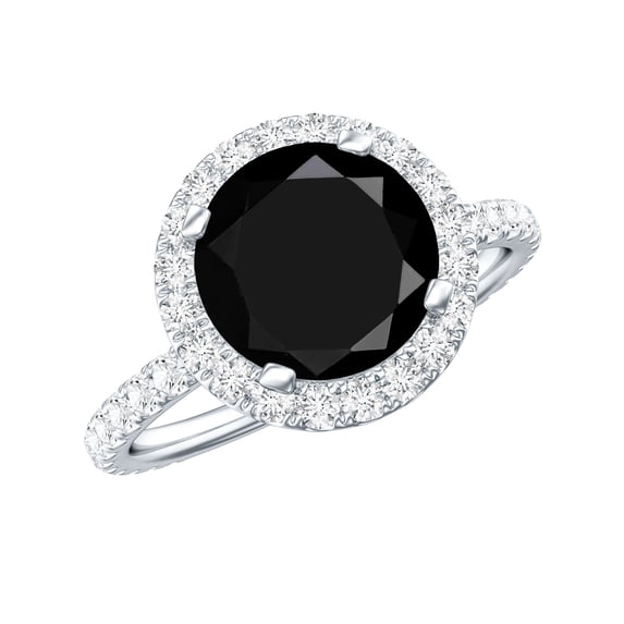Black Spinel Classic Ring with Diamond Halo (2.6 Carat, AAA Quality, August Birthstone), 925 Sterling Silver, US 4.00