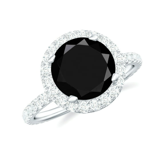 Rosec Jewels Black Spinel Classic Ring with Diamond Halo (3.75 CT, AAA Quality, August Birthstone), 925 Sterling Silver, US 4.00