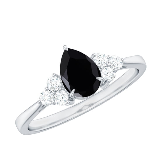 Rosec Jewels Black Spinel Engagement Ring with Diamond Trio, Pear Cut Spinel and Diamond Ring, 10K White Gold, US 9.00