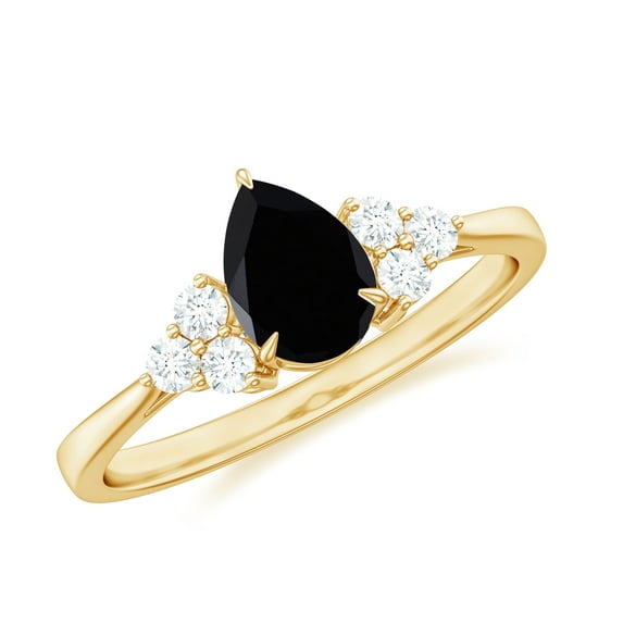 Rosec Jewels Black Spinel Engagement Ring with Diamond Trio, Pear Cut Spinel and Diamond Ring, 14K Yellow Gold, US 5.00