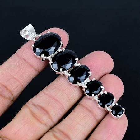 Black Spinel Gemstone Ethnic 925 Sterling Silver Solitaire Pendant 3.2" VJ 1262