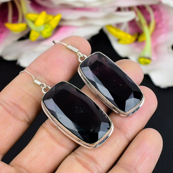 Black Spinel Gemstone Handmade 925 Sterling Silver Jewelry Earring 2.21"