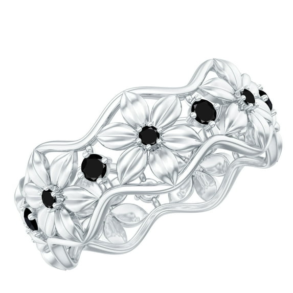 Rosec Jewels Black Spinel Gold Flower Band Ring for Women (0.25 CT, AAA Quality), 10K White Gold, US 11.50