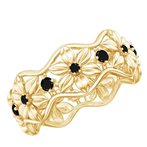 Rosec Jewels Black Spinel Gold Flower Band Ring for Women (0.25 CT, AAA Quality), 14K Yellow Gold, US 9.00