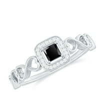 Rosec Jewels Black Spinel Halo Engagement Ring, Designer Ring with Infinity Heart Design, 925 Sterling Silver, US 4.00