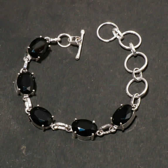 Black Spinel Gemstone Bracelet Oval Shape Handmade Antique Solitaire Jewelry 7"