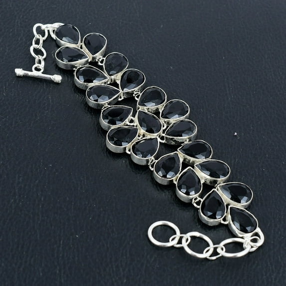 Black Spinel Pear Gemstone Ethnic 925 Sterling Silver Jewelry Bracelet 8" VJ 838