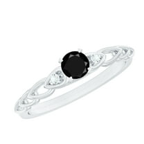 Rosec Jewels Black Spinel Promise Ring with Diamond Side Stones (0.50 CT, AAA Grade), 925 Sterling Silver, US 4.00