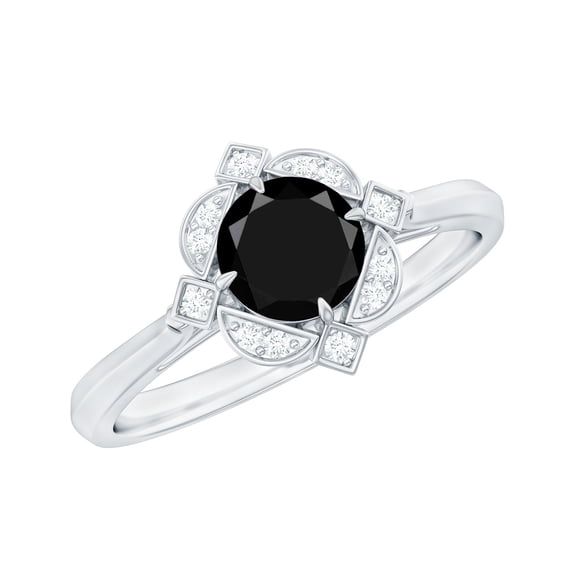Rosec Jewels Vintage Style Black Spinel Engagement Ring - AAA Quality - Black Spinel Ring with Diamond Halo - with Jewelry Box, 10K White Gold, US 5.00