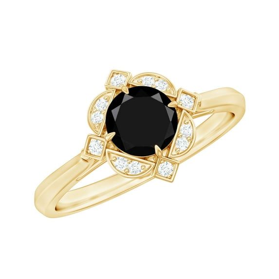 Rosec Jewels Vintage Style Black Spinel Engagement Ring - AAA Quality - Black Spinel Ring with Diamond Halo - with Jewelry Box, 18K Yellow Gold, US 9.50