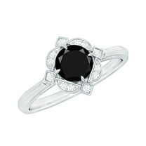 Rosec Jewels Black Spinel Ring with Diamond for Women, Vintage Inspired Ring - AAA Quality, 925 Sterling Silver, US 4.00