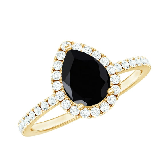 Rosec Jewels Real Black Spinel Teardrop Engagement Ring with Halo - Black Spinel Diamond Ring - 5X7 mm Pear Shape - AAA Quality, 18K Yellow Gold, US 8.50