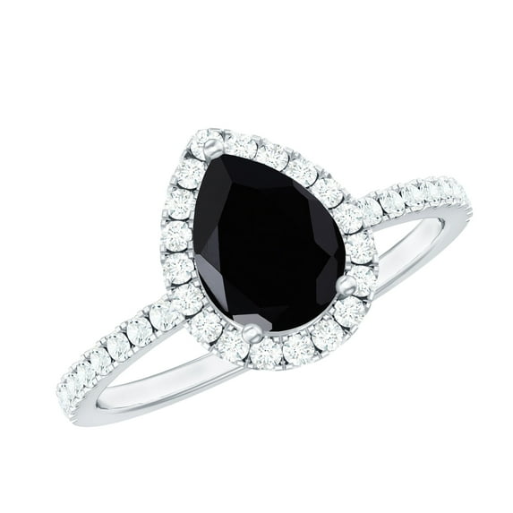 Rosec Jewels Real Black Spinel Teardrop Engagement Ring with Halo - Black Spinel Diamond Ring - 5X7 mm Pear Shape - AAA Quality, 925 Sterling Silver, US 12.00