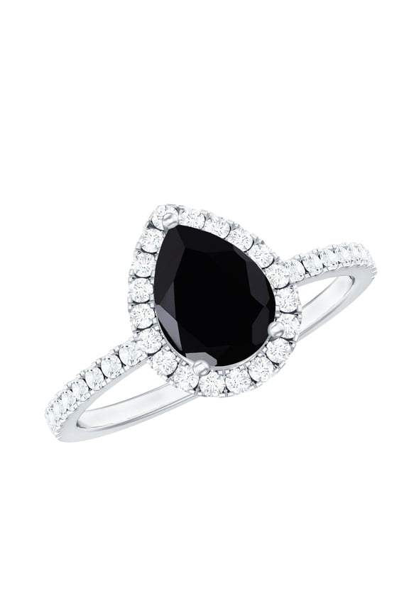 Real Black Spinel Teardrop Engagement Ring with Halo - Black Spinel Diamond Ring - 5X7 mm Pear Shape - AAA Quality, 925 Sterling Silver, US 4.00