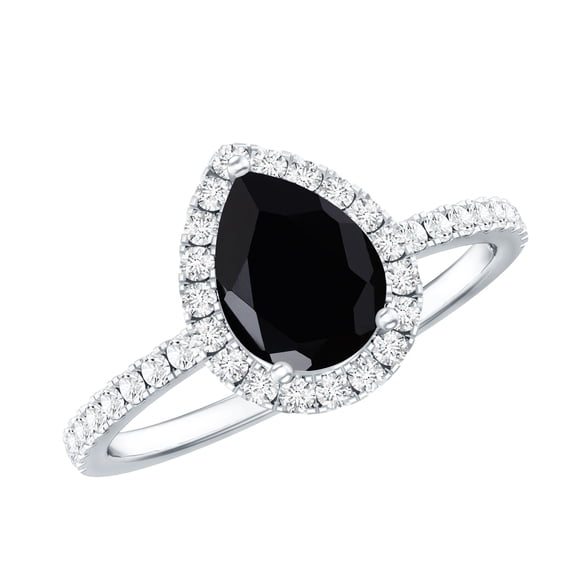 Rosec Jewels Real Black Spinel Teardrop Engagement Ring with Halo - Black Spinel Diamond Ring - 0.6 Ct - AAA Quality, 925 Sterling Silver, US 4.00
