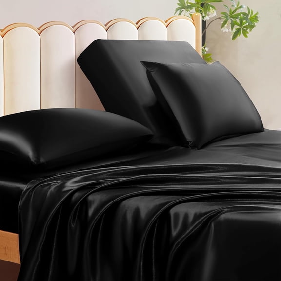 Black Split Head King Sheet Sets, 4 Piece Adjustable King | Silky Satin Reduces Frizz And Sleep Marks, 34-Inch Split Secure Fit, 16-Inch Deep Pocket, Fade-Resistant, Machine Wash