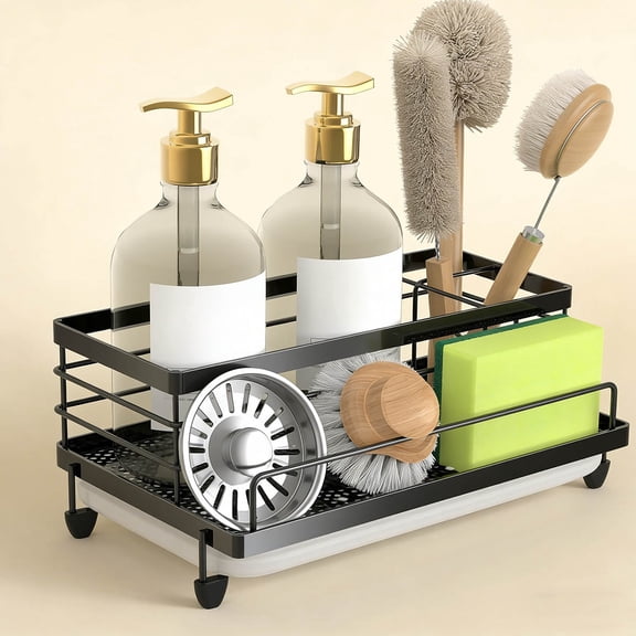Black Sponge Holder for Kitchen, Sink Caddy Organizer Rack with Drip Tray, Rustproof and Non-slip, Soap Dispenser Countertop Organizer