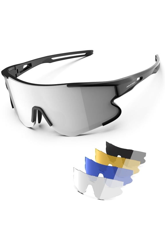 Black Sport Cycling Glasses for Men and Women, Big Frame Sunglasses with 5 Interchangeable Polarized Lenses, UV400 Protection for Running, Hiking and Outdoor Sports