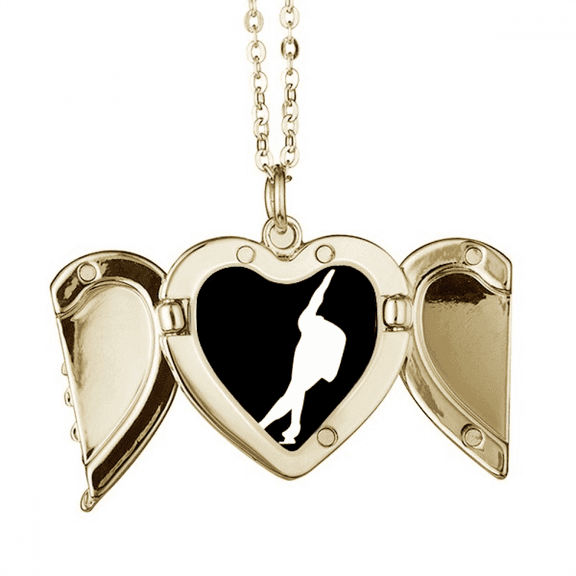 Black Sport Roller Skating Outline Folded Wings Peach Heart Pendant Necklace