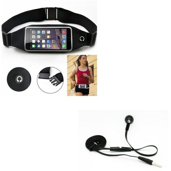 Black Sport Workout Belt Waist Bag Case w Flat Wired Headset MONO Handsfree Earphone Mic E1A for Motorola Droid Turbo 2, G4 Plus, Moto G7 G6 G5S Plus G4 E4 PLUS Play E5 Play, Maxx 2 - Nokia 6