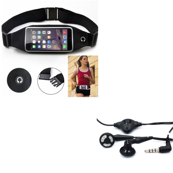 Black Sport Workout Belt Waist Bag Case w Headset OEM 3.5mm Handsfree Earphones K3R for Samsung Galaxy J5 J3, Amp Prime, Emerge, Note 5 4 2 Grand 2 J7 (2018) Refine J2 Halo A7 (SM-A700FD) A6