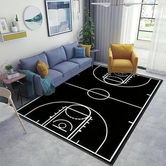 Black Sports Basketball Court Area Rug, Basketball Court Training Ground Indoor Non-Slip Kids Rugs, Machine Washable Breathable Durable Carpet For Front Entrance Floor Decor 4 x 6ft