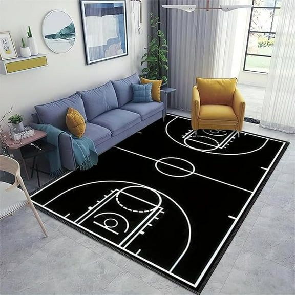 Black Sports Basketball Court Area Rug, Basketball Court Training Ground Indoor Non-Slip Kids Rugs, Machine Washable Breathable Durable Carpet For Front Entrance Floor Decor 3 x 4ft