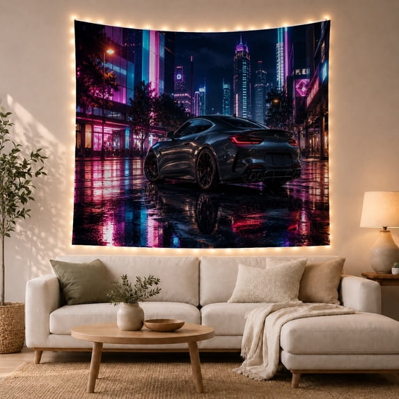Black Sports Car on Neon City Street, Moody Digital Art for Car Enthusiasts, Urban Night Wall Art, Housewarming Gift, Tapestry Wall Hanging for Bedroom and Gaming Room
