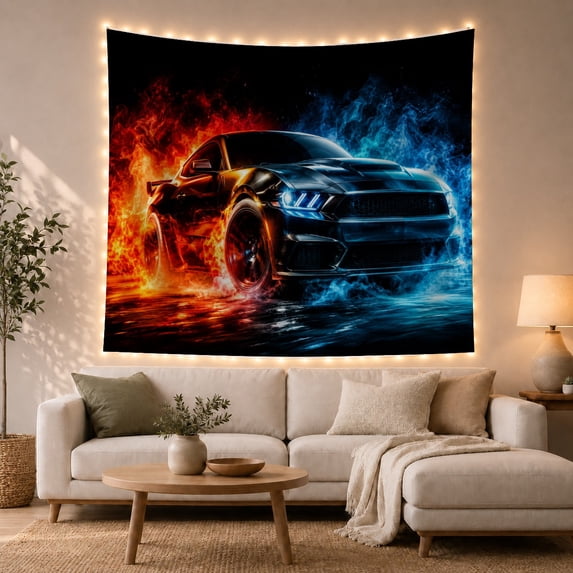 Black Sports Car on Wet Road with Red and Blue Smoke, Dramatic Surreal for Car Enthusiasts, High-Speed Racing Art, Birthday Gift Tapestry Wall Hanging for Garage and Game Room