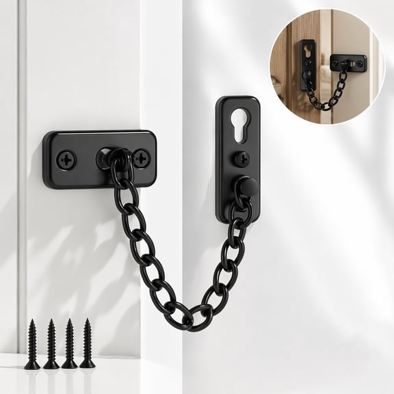 Black Spring Anti-Theft Door Chain Lock, 7.68 Inch Heavy Duty Security Door Latch Guard with Press Spring Lock, Reinforced Door Safety Chain for Front Door Hotel Apartment Home